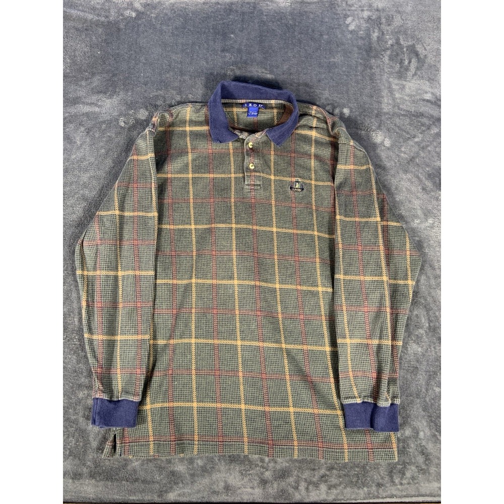 Vtg IZOD Plaid Gold Long Sleeve Brown Polo Shirt Men's Size Large